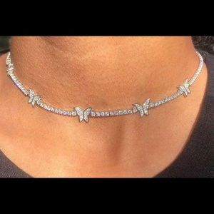 silver butterfly tennis choker , cz tennis butterfly necklace